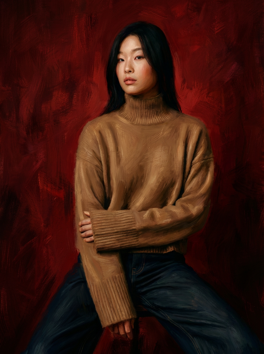 oil painting of an asian girl with black long hair, brown sweater and jeans sitting on a chair, red background